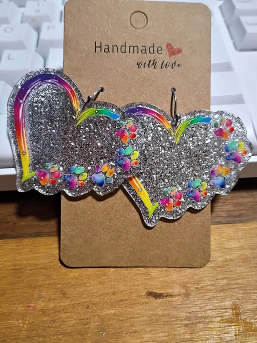 Handmade Silver Glitter Rainbow Paw Print Heart Fashion Earrings